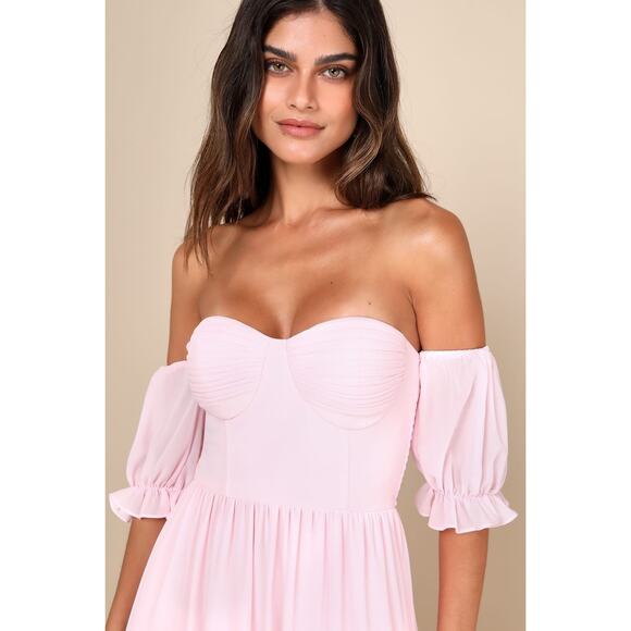 NWT Lulus Exceptionally Gorgeous Blush Chiffon Off-the-Shoulder Maxi Dress Sz XL - Picture 7 of 8